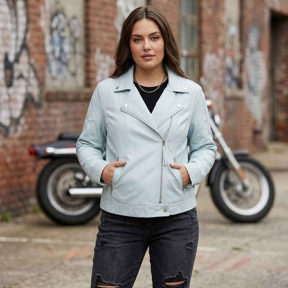 Joe Boxer Moto Biker Jacket Womens Large Blue Faux Leather Pastel Edgy Vegan